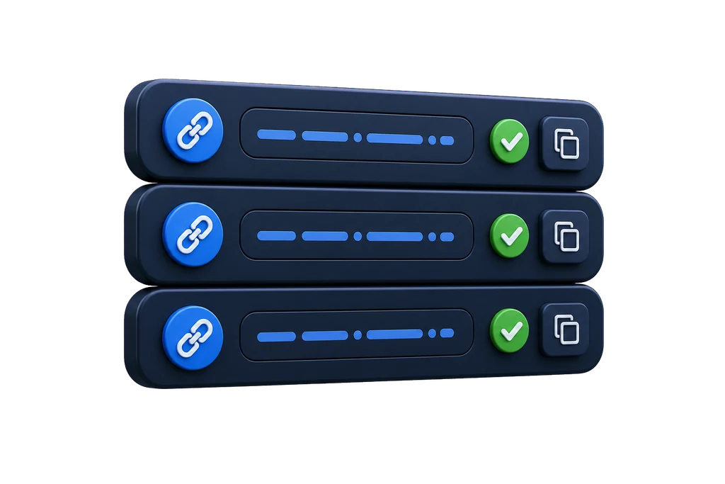 3D mockup of three copy-ready URL pills with link icons and ready checks.