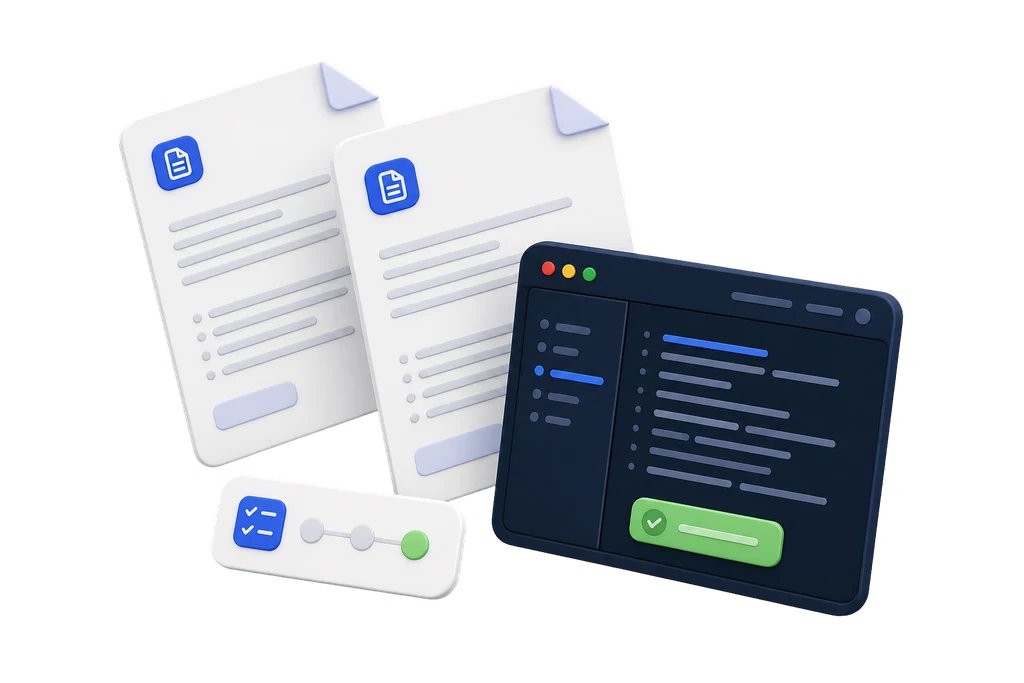 3D mockup of privacy and terms documents next to a markdown editor panel.