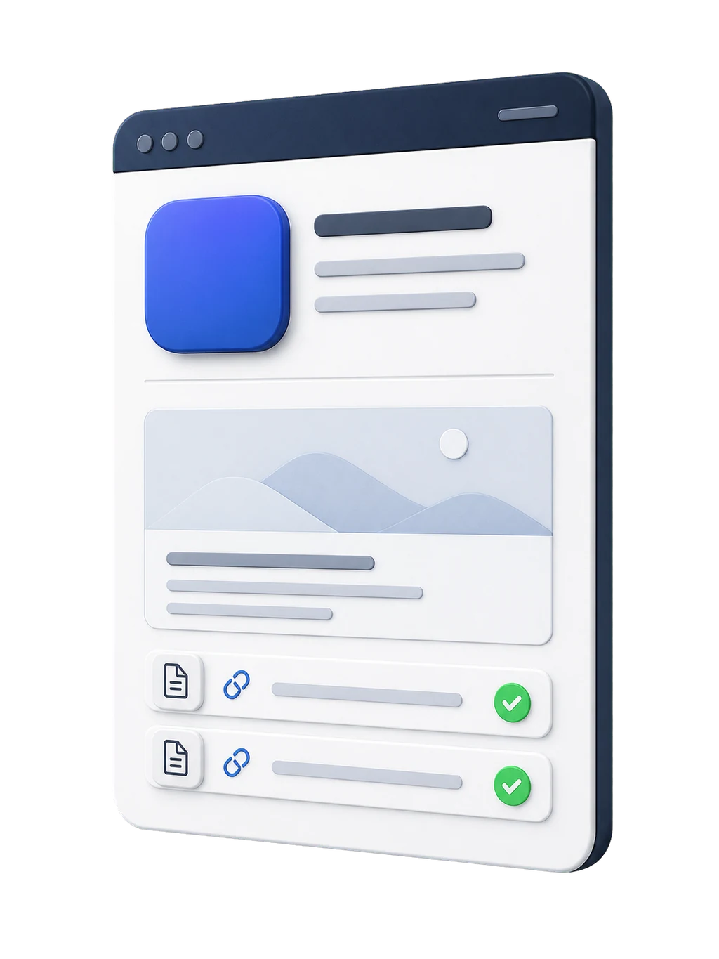 3D mockup of a public app page with an app icon, document links, and ready indicators.