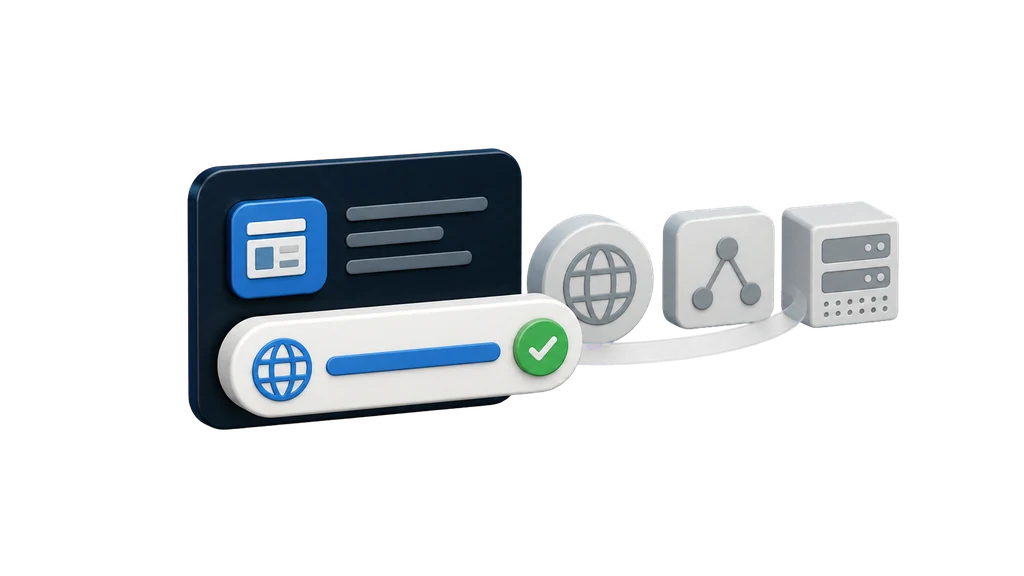 3D mockup of a hosted URL tile bypassing domain, DNS, and hosting blocks.