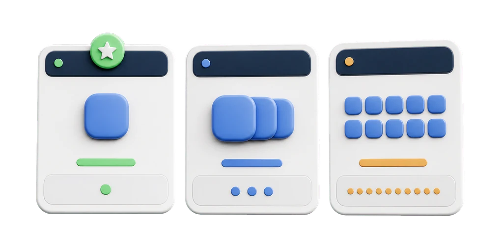 3D mockup of three pricing plan tiles with app-count indicators.