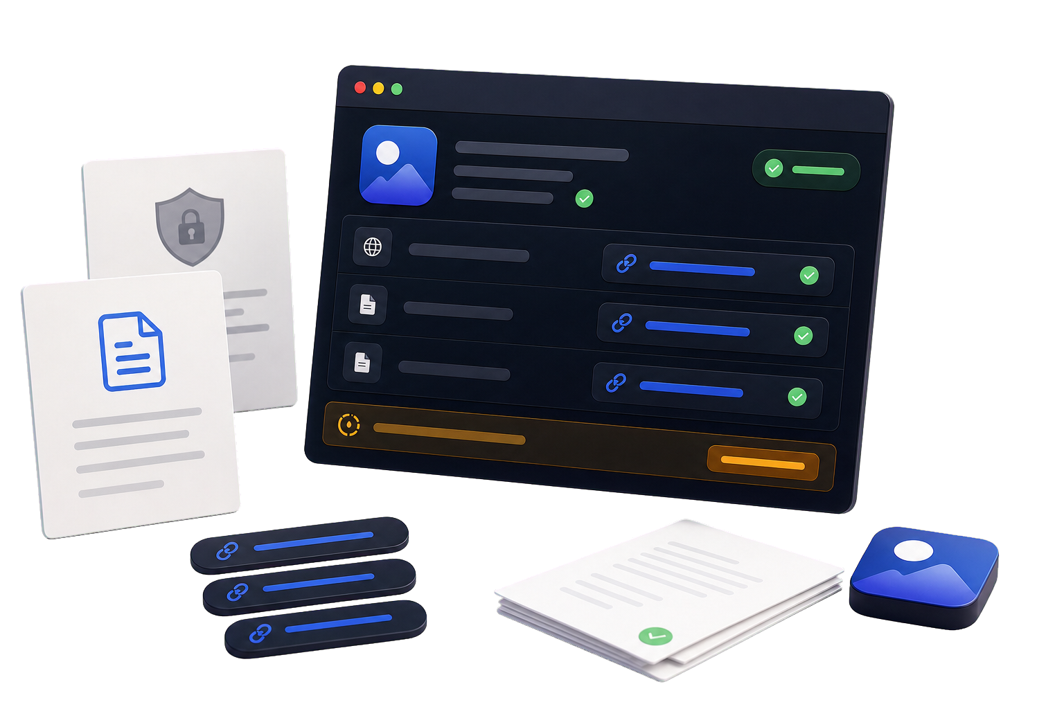 Product mockup showing hosted app links, document pages, and ready status indicators for App Store Connect.